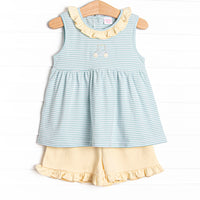 Course Cruisin' Pima Embroidered Ruffle Short Set, Yellow and Mint Stripe