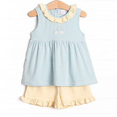 Course Cruisin' Pima Embroidered Ruffle Short Set, Yellow and Mint Stripe