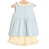 Course Cruisin' Pima Embroidered Ruffle Short Set, Yellow and Mint Stripe