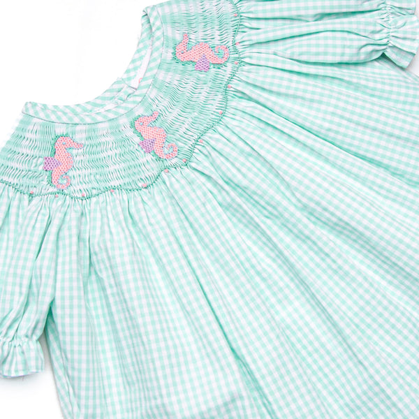 Sea Grass Seahorses Smocked Scalloped Short Set, Mint