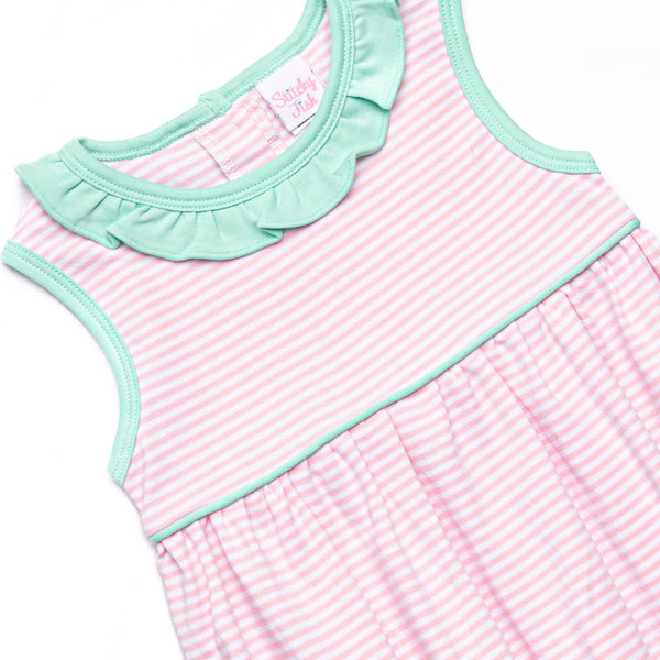 Louise Pima Ruffle Bubble, Mint and Light Pink Stripe