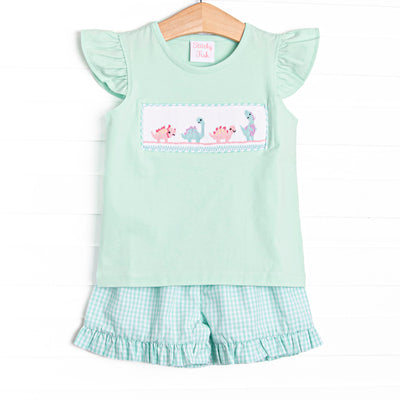 Dinosaur Days Smocked Ruffle Short Set, Mint