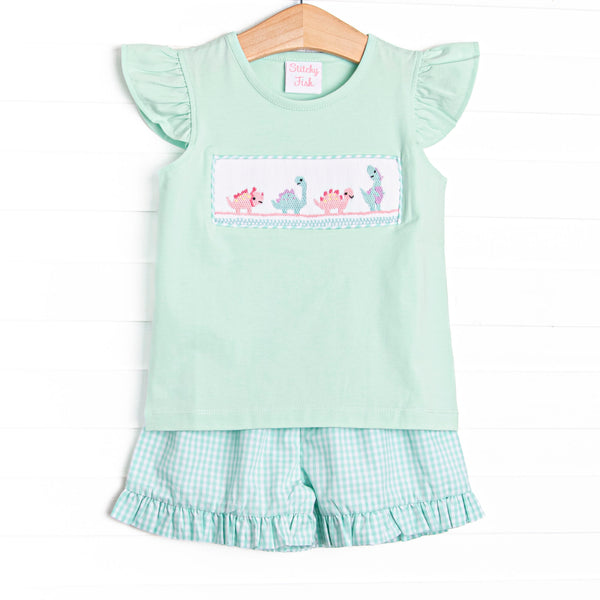 Dinosaur Days Smocked Ruffle Short Set, Mint