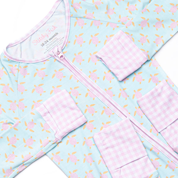 Turquoise Turtles Bamboo Girl Zippy Pajama, Green