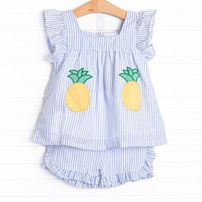Pineapple Delight Applique Ruffle Short Set, Blue Seersucker