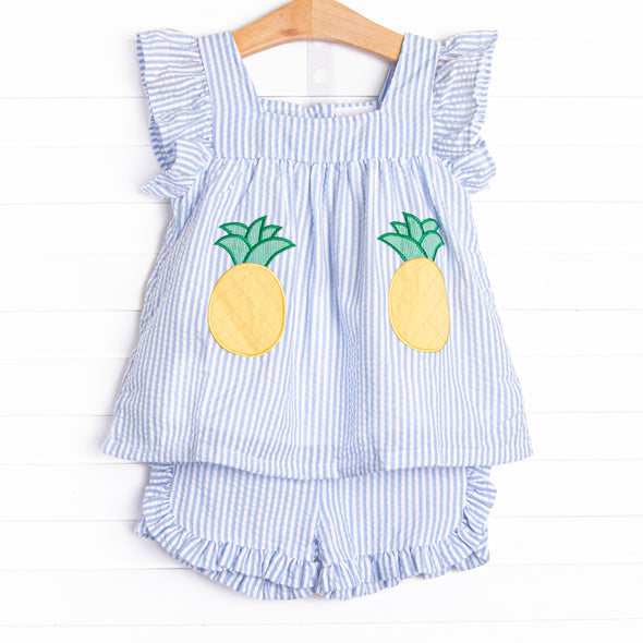 Pineapple Delight Applique Ruffle Short Set, Blue Seersucker