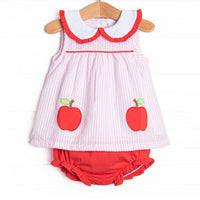 Time for School Seersucker Applique Diaper Set, Pink