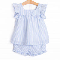 Pineapple Delight Applique Ruffle Short Set, Blue Seersucker