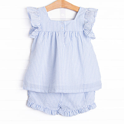 Pineapple Delight Applique Ruffle Short Set, Blue Seersucker