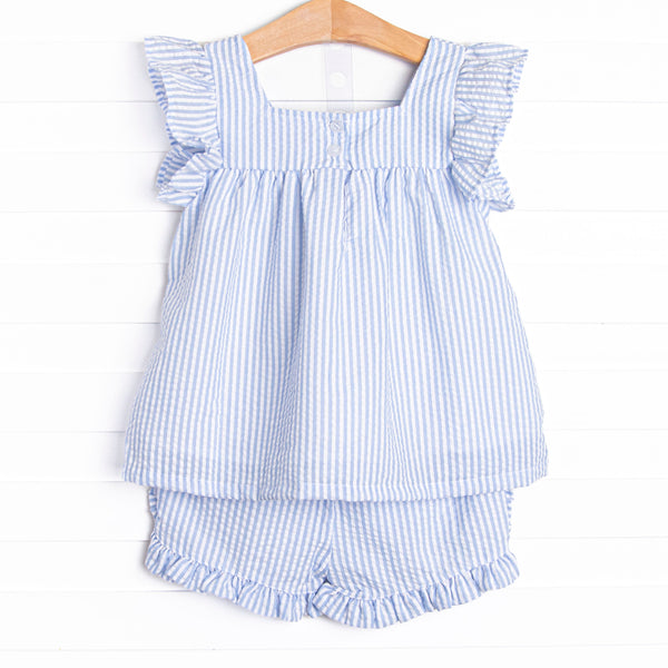 Pineapple Delight Applique Ruffle Short Set, Blue Seersucker