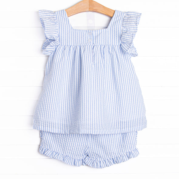 Pineapple Delight Applique Ruffle Short Set, Blue Seersucker