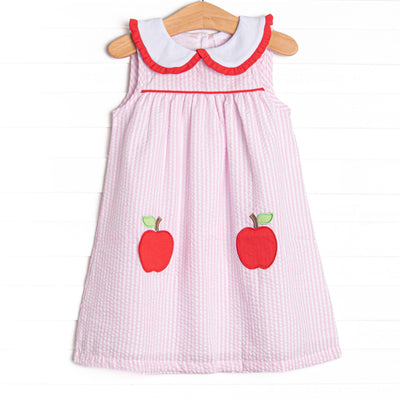 Time for School Seersucker Applique Dress, Pink