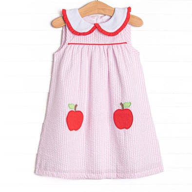 Time for School Seersucker Applique Dress, Pink