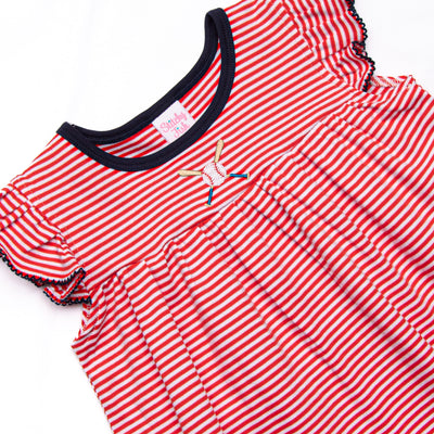 At the Ballpark Pima Embroidered Ruffle Short Set, Red Stripe