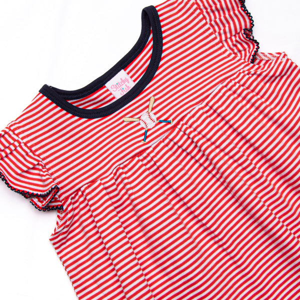 At the Ballpark Pima Embroidered Ruffle Short Set, Red Stripe