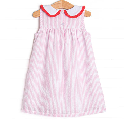 Time for School Seersucker Applique Dress, Pink