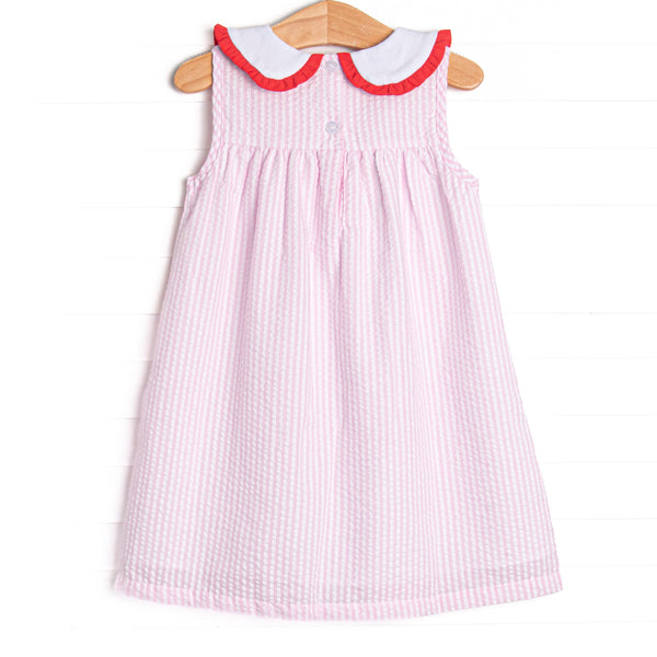 Time for School Seersucker Applique Dress, Pink