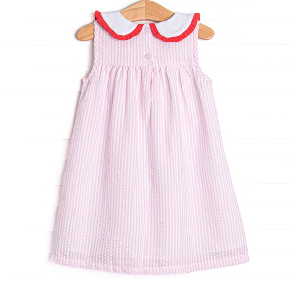 Time for School Seersucker Applique Dress, Pink