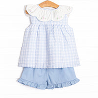 Rosebud Blooms Embroidered Scalloped Bib Short Set, Blue