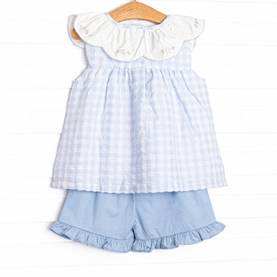 Rosebud Blooms Embroidered Scalloped Bib Short Set, Blue