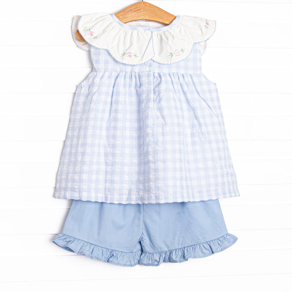 Rosebud Blooms Embroidered Scalloped Bib Short Set, Blue