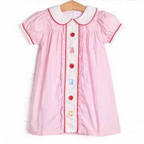 Alphabet Apples Embroidered Dress, Pink