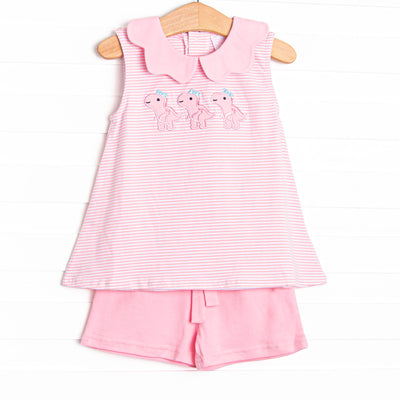 This set features a pink striped print, pink scalloped collar, and trio of dinosaur appliques