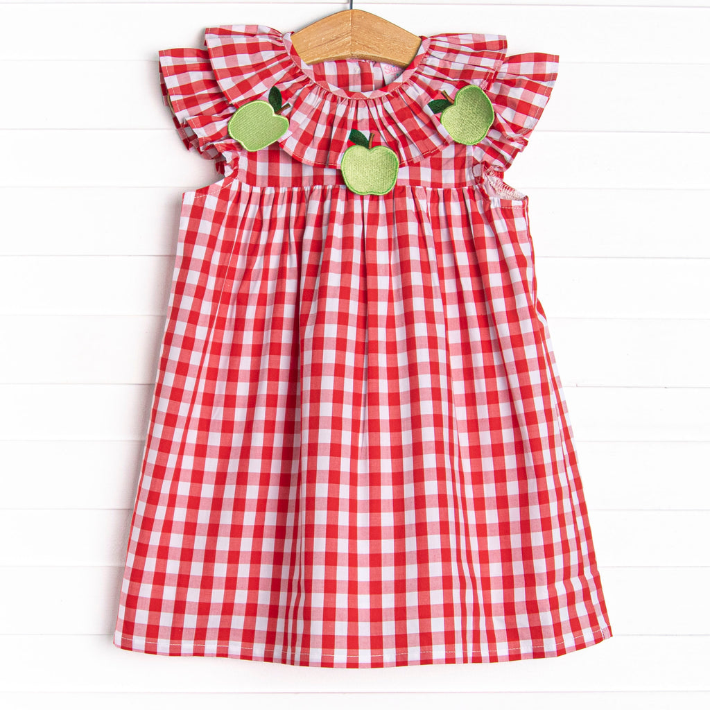 Granny Smith Gingham Applique Dress, Red Stitchy Fish Granny Smith Gingham Applique Dress, Red Stitchy Fish