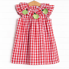 Granny Smith Gingham Applique Dress, Red