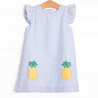 Pineapple Delight Applique Dress, Blue Seersucker