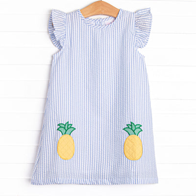 Pineapple Delight Applique Dress, Blue Seersucker