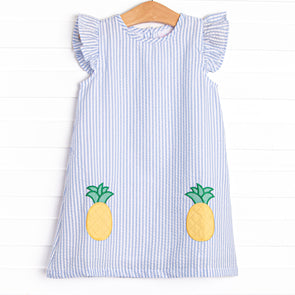 Pineapple Delight Applique Dress, Blue Seersucker