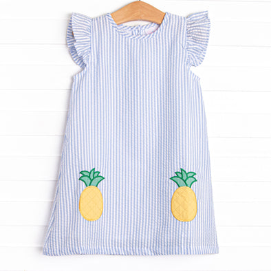 Pineapple Delight Applique Dress, Blue Seersucker
