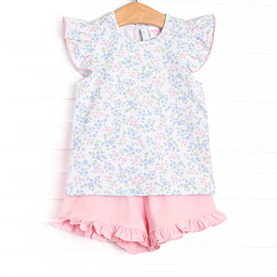 Rosette Blooms Ruffle Short Set, Blue