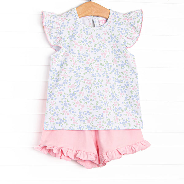 Rosette Blooms Ruffle Short Set, Blue