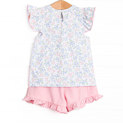 Rosette Blooms Ruffle Short Set, Blue