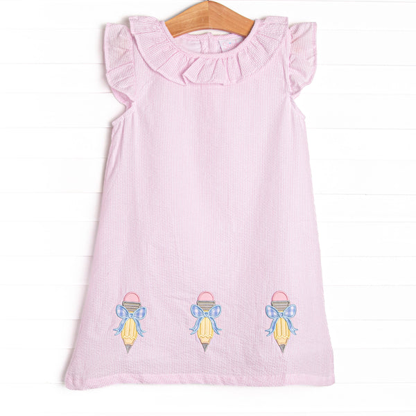 Pencil Me In Applique Dress, Pink Seersucker