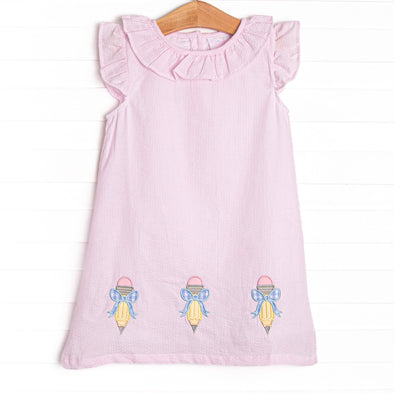 Pencil Me In Applique Dress, Pink Seersucker