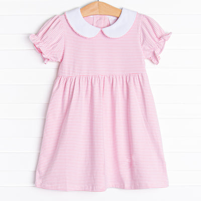  The Erin Dress is featured in pink and white striped print, short sleeves. and a white collar with a pink picot trim. 