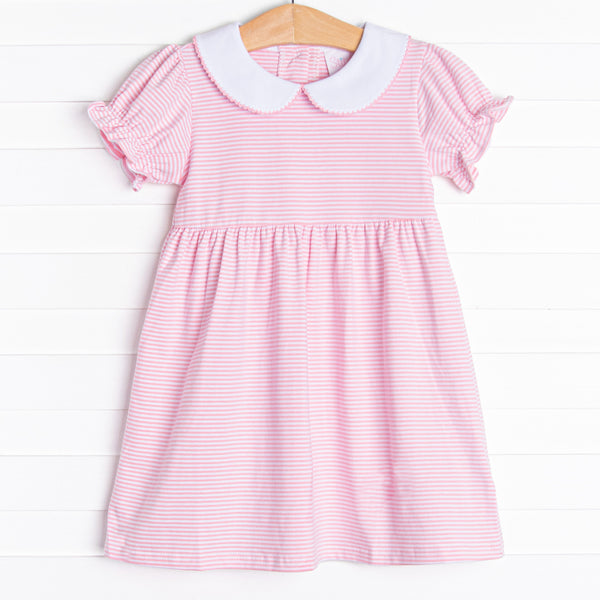  The Erin Dress is featured in pink and white striped print, short sleeves. and a white collar with a pink picot trim. 