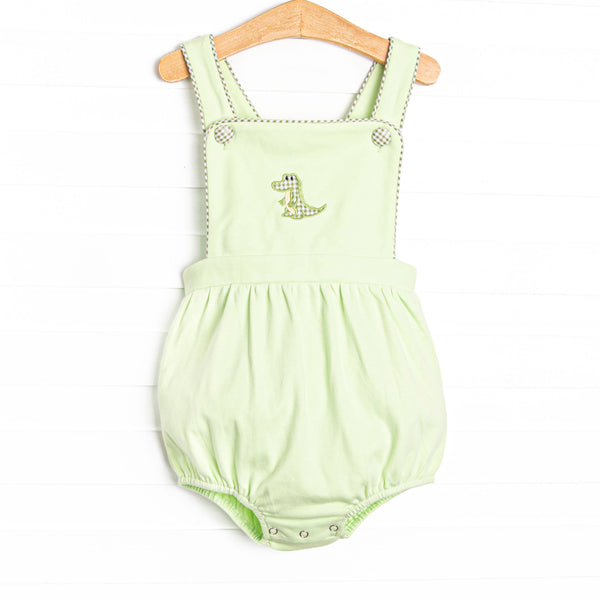 This bubble features a green material, snaps on the stride, and a crocodile applique.