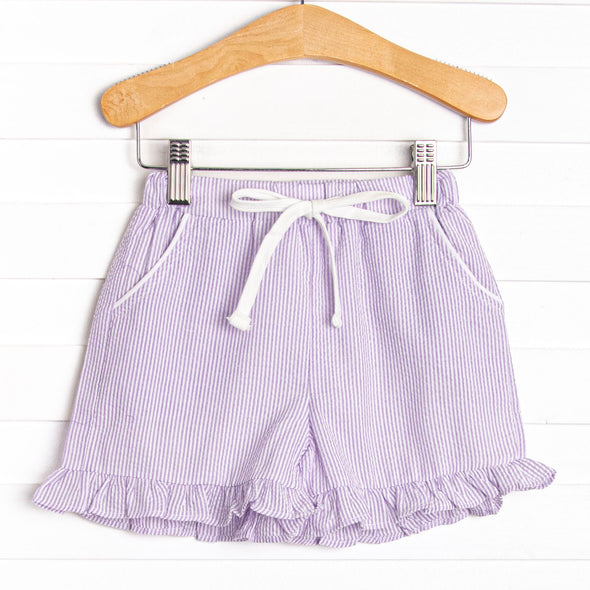 Serenity Seersucker Ruffle Pocket Shorts, (2 Colors)