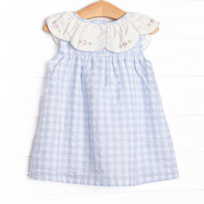 Rosebud Blooms Embroidered Scalloped Bib Dress, Blue