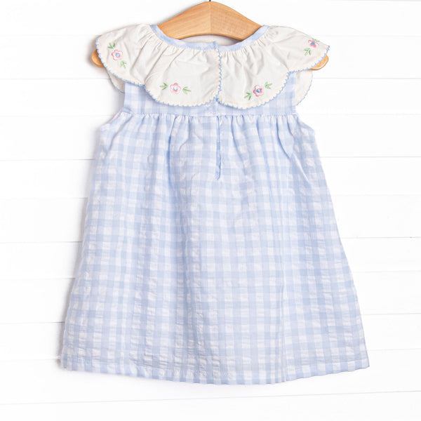 Rosebud Blooms Embroidered Scalloped Bib Dress, Blue