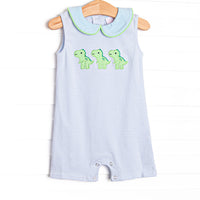 This bubble features a blue striped print, peter pan&nbsp; collar, and trio of dinosaur appliques .