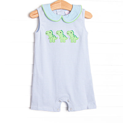 This bubble features a blue striped print, peter pan&nbsp; collar, and trio of dinosaur appliques .
