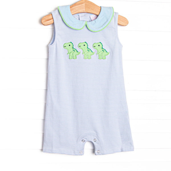 This bubble features a blue striped print, peter pan&nbsp; collar, and trio of dinosaur appliques .