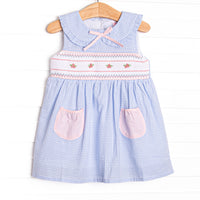  This dress featurse a blue check print, a dainty pink bow, and a rose smocking. 