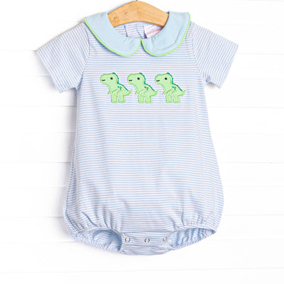 This bubble features a blue striped print, peter pan&nbsp; collar, and trio of dinosaur appliques .