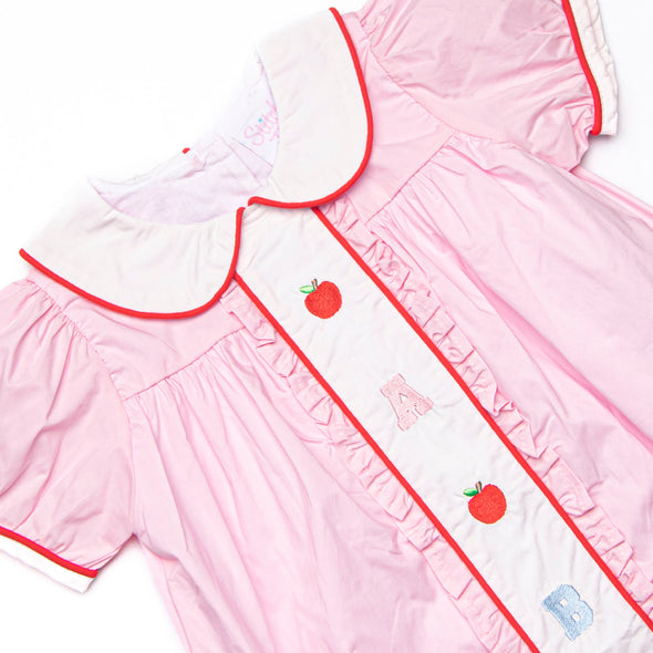 Alphabet Apples Embroidered Dress, Pink